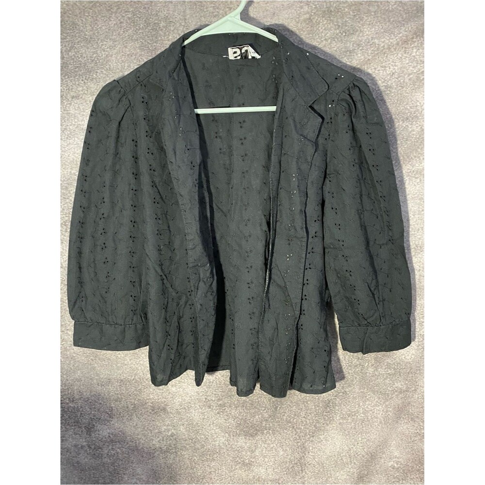 SJ Sport Scoop Black Cotton Eyelet Jacket Puff Sleeves Open  Blazer Women's SZ S